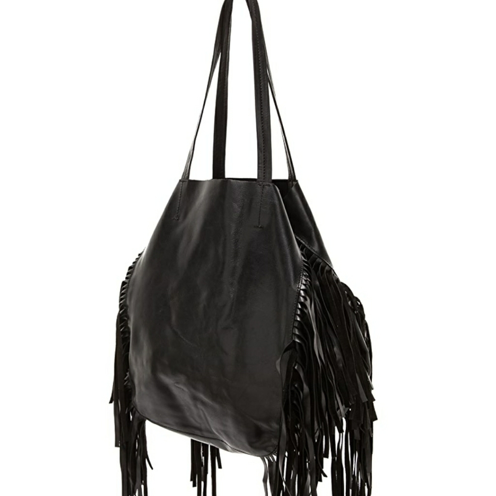Cleobella Black Leather Hendrix Fringe Tote Bag
